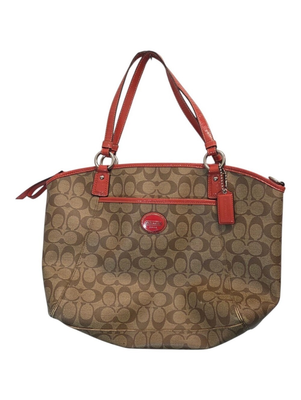 Coach Peyton Signature Tote Handbag Khaki Brown & Coral F19816
